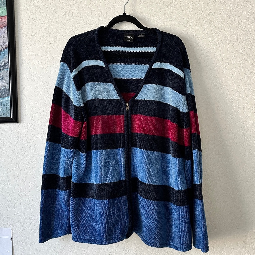 Erika Chenille Striped Zip-Up Cardigan Sweater Navy Blue Burgundy Plus Size 3X